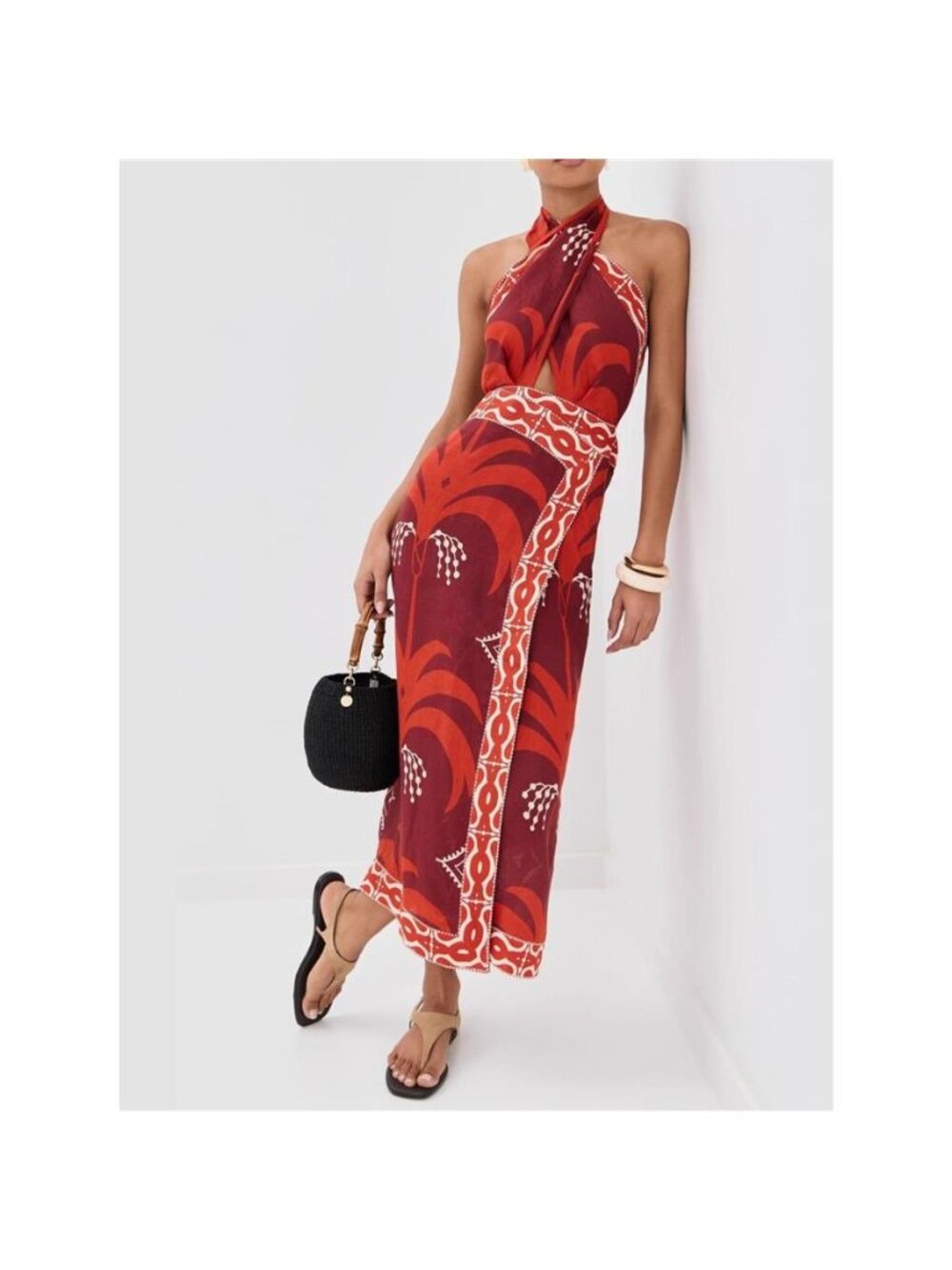 Women's Red Tropical Print Halter Wrap Dress Beach Vacation Resort